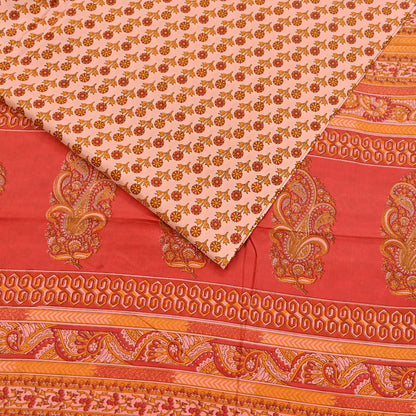 Indian Vintage Peach & Red Pure Silk Printed Saree 5 Yards Soft Floral Fabric for Dressmaking, Quilting, Crafting, Sewing Upcycling