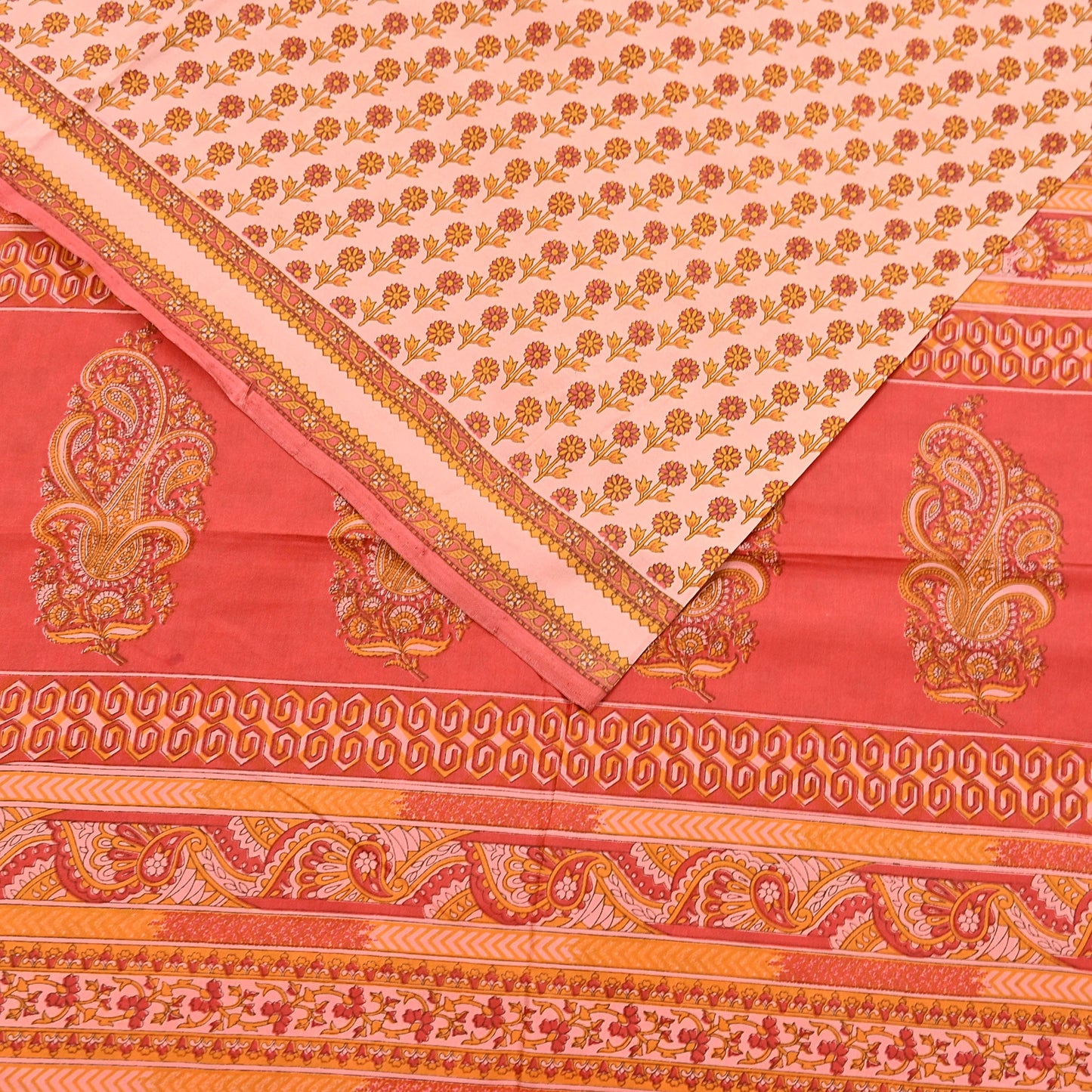 Indian Vintage Peach & Red Pure Silk Printed Saree 5 Yards Soft Floral Fabric for Dressmaking, Quilting, Crafting, Sewing Upcycling