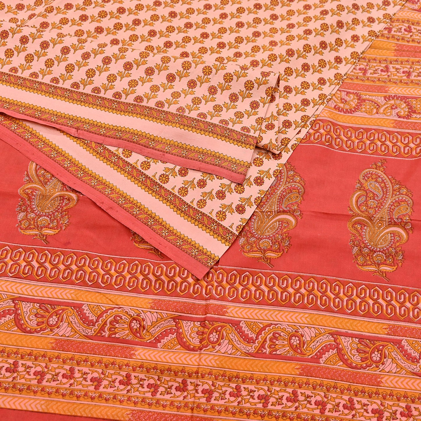 Indian Vintage Peach & Red Pure Silk Printed Saree 5 Yards Soft Floral Fabric for Dressmaking, Quilting, Crafting, Sewing Upcycling