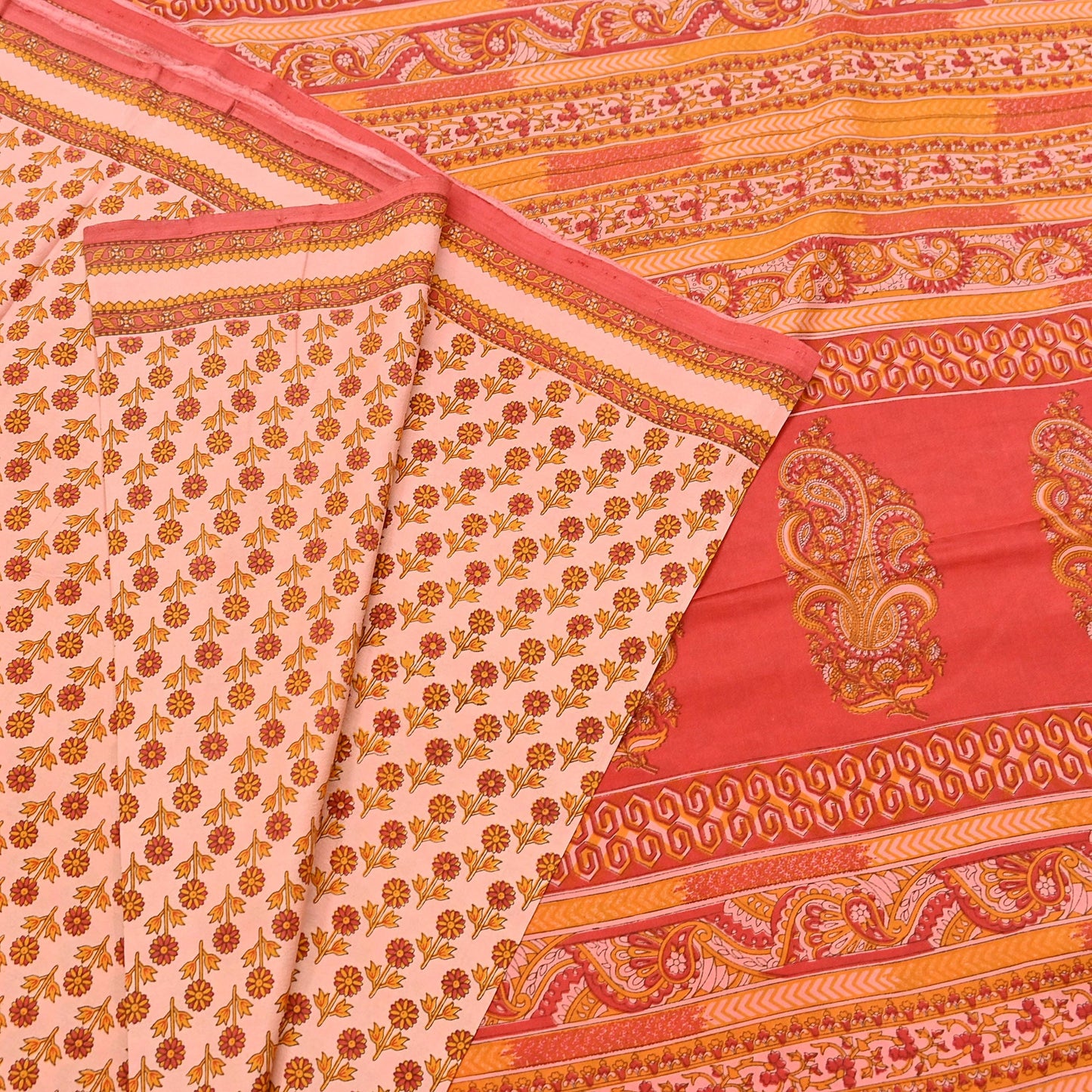 Indian Vintage Peach & Red Pure Silk Printed Saree 5 Yards Soft Floral Fabric for Dressmaking, Quilting, Crafting, Sewing Upcycling