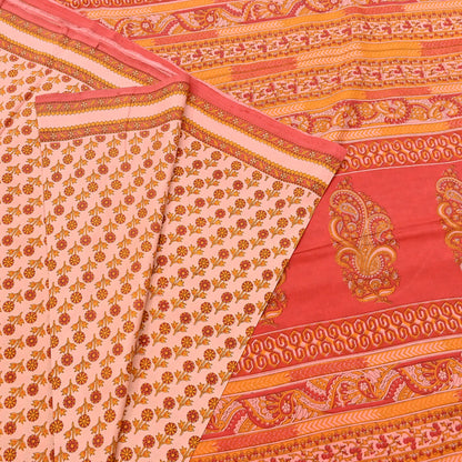Indian Vintage Peach & Red Pure Silk Printed Saree 5 Yards Soft Floral Fabric for Dressmaking, Quilting, Crafting, Sewing Upcycling