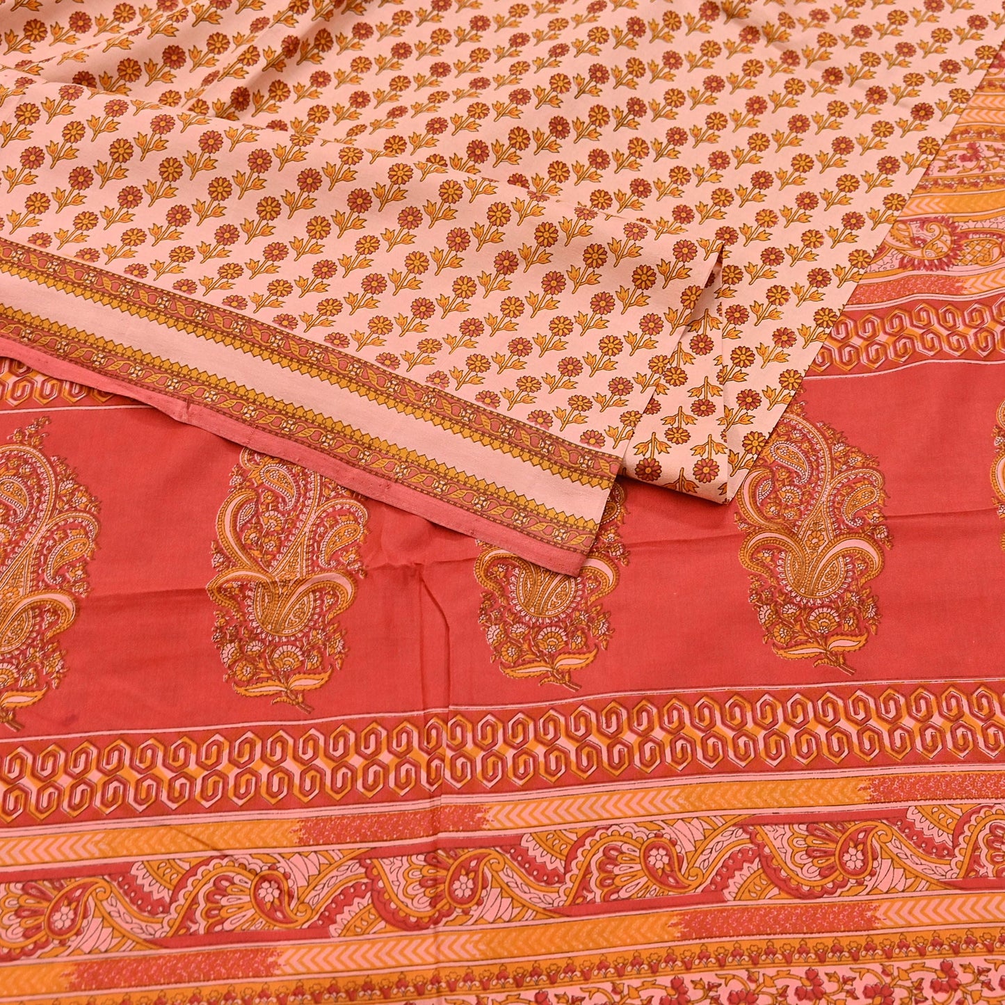 Indian Vintage Peach & Red Pure Silk Printed Saree 5 Yards Soft Floral Fabric for Dressmaking, Quilting, Crafting, Sewing Upcycling