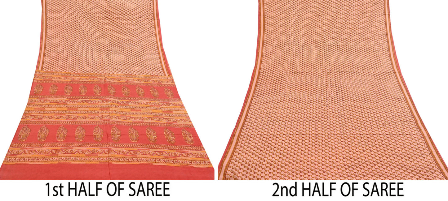 Indian Vintage Peach & Red Pure Silk Printed Saree 5 Yards Soft Floral Fabric for Dressmaking, Quilting, Crafting, Sewing Upcycling
