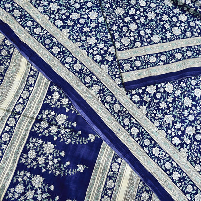 Indian Vintage Sari Blue 100% Pure Silk Printed Saree Craft Fabric 6yd Sewing Dress Making Soft Wrap Quilting Crafting Upcycle