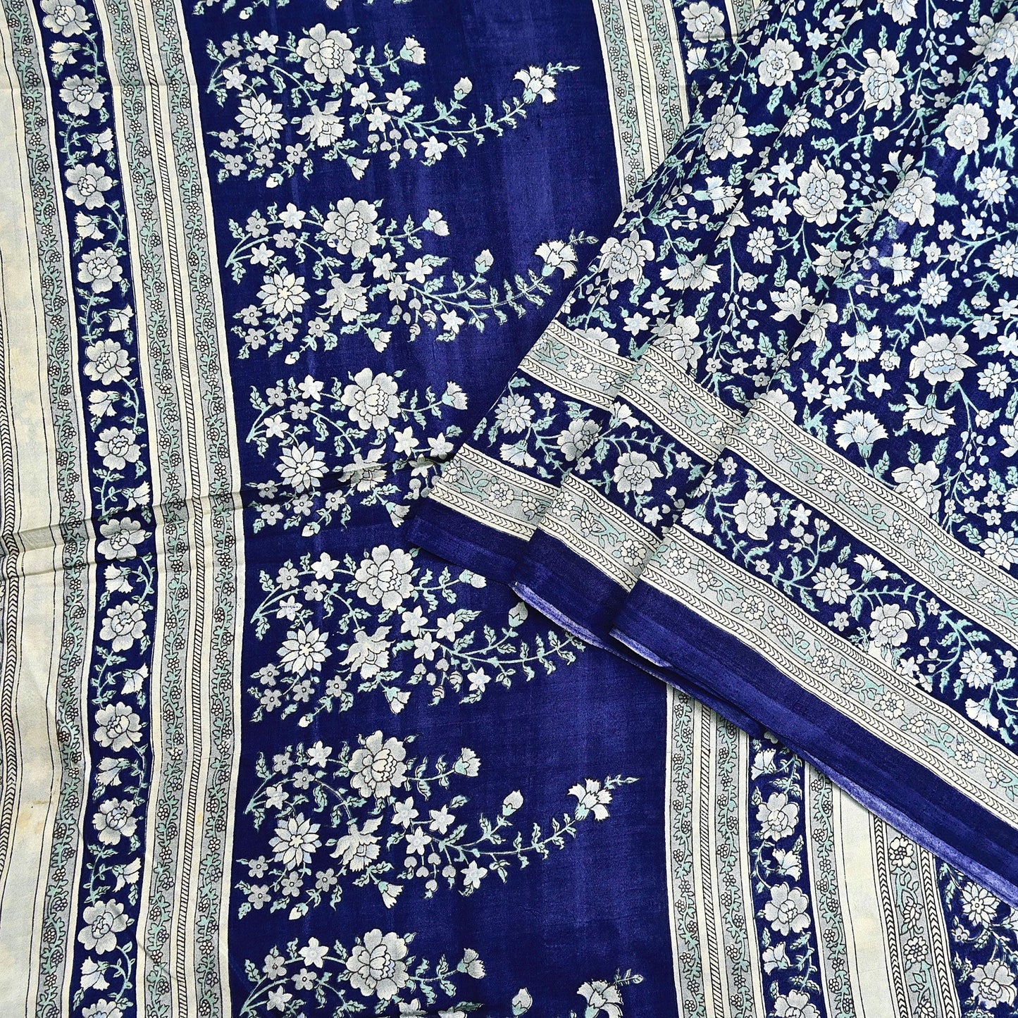 Indian Vintage Sari Blue 100% Pure Silk Printed Saree Craft Fabric 6yd Sewing Dress Making Soft Wrap Quilting Crafting Upcycle