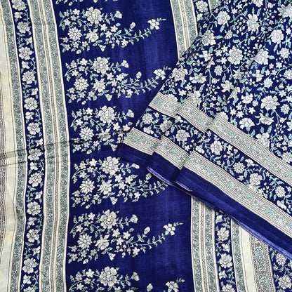 Indian Vintage Sari Blue 100% Pure Silk Printed Saree Craft Fabric 6yd Sewing Dress Making Soft Wrap Quilting Crafting Upcycle