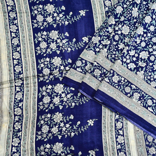 Indian Vintage Sari Blue 100% Pure Silk Printed Saree Craft Fabric 6yd Sewing Dress Making Soft Wrap Quilting Crafting Upcycle