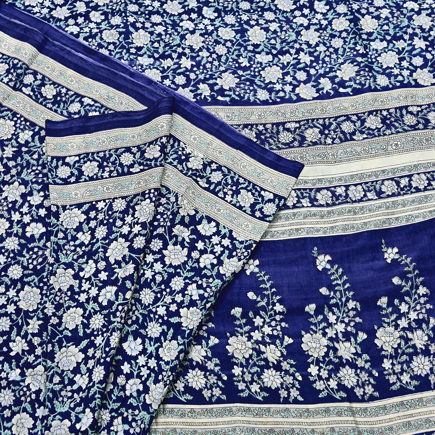 Indian Vintage Sari Blue 100% Pure Silk Printed Saree Craft Fabric 6yd Sewing Dress Making Soft Wrap Quilting Crafting Upcycle