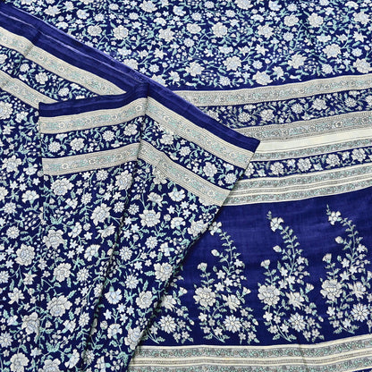 Indian Vintage Sari Blue 100% Pure Silk Printed Saree Craft Fabric 6yd Sewing Dress Making Soft Wrap Quilting Crafting Upcycle