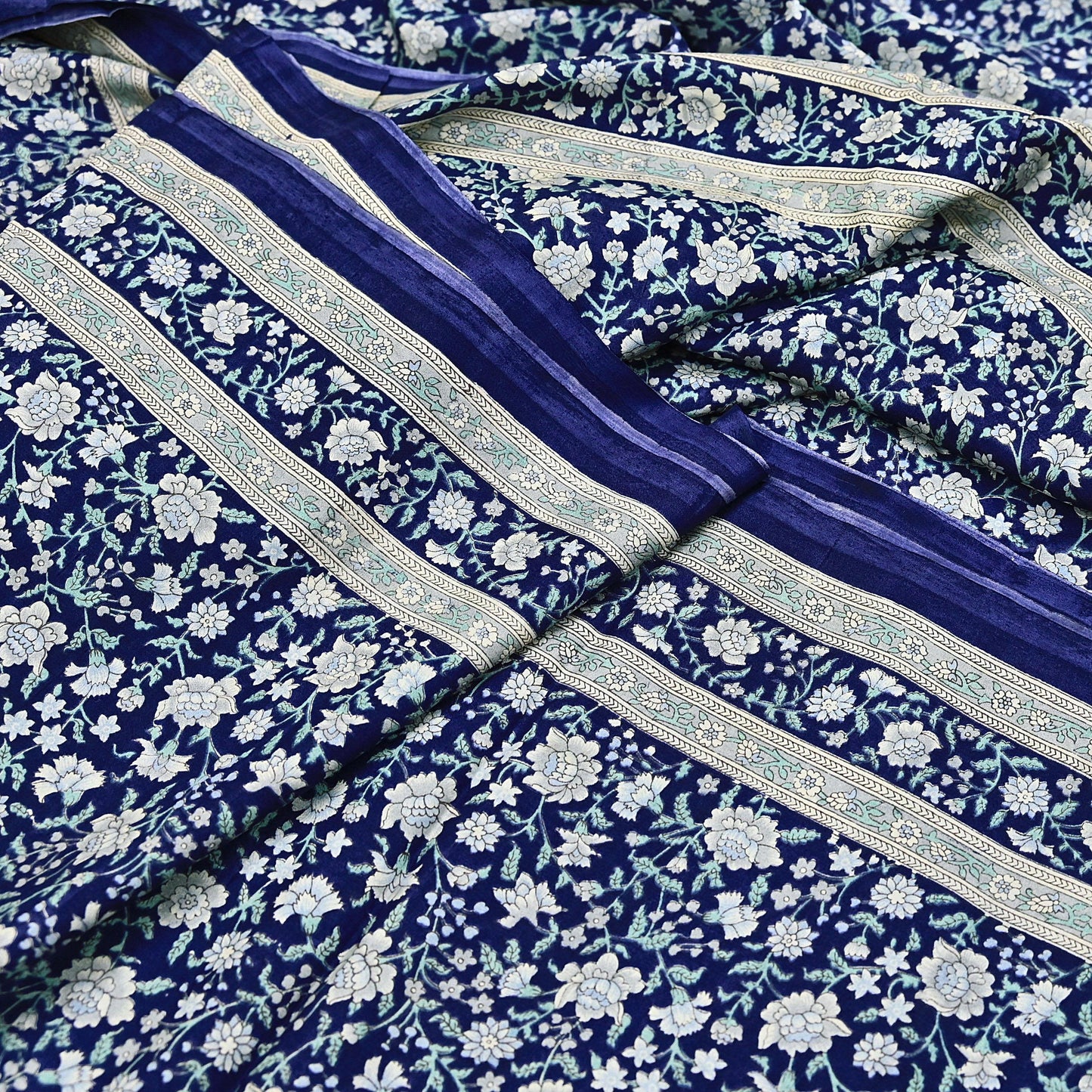 Indian Vintage Sari Blue 100% Pure Silk Printed Saree Craft Fabric 6yd Sewing Dress Making Soft Wrap Quilting Crafting Upcycle