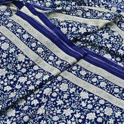 Indian Vintage Sari Blue 100% Pure Silk Printed Saree Craft Fabric 6yd Sewing Dress Making Soft Wrap Quilting Crafting Upcycle