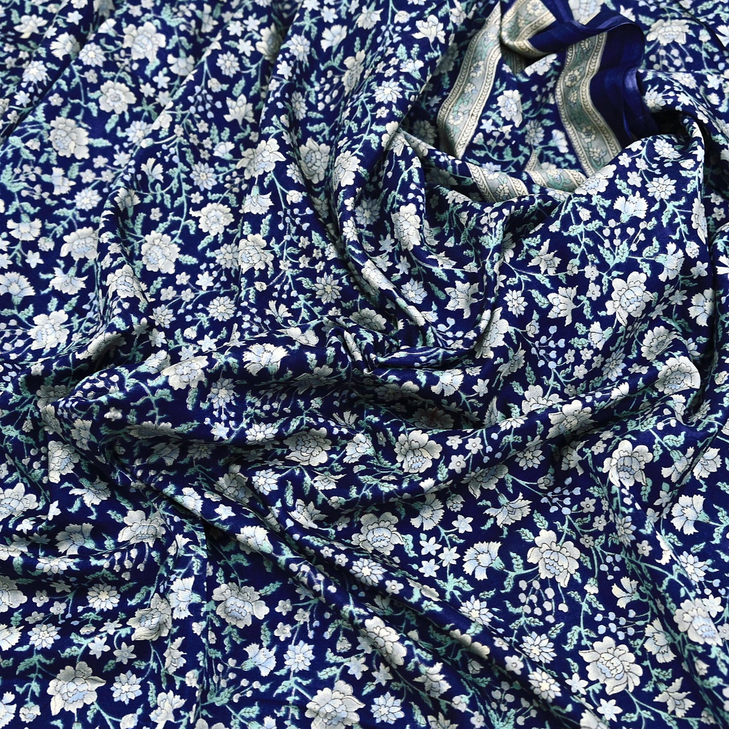 Indian Vintage Sari Blue 100% Pure Silk Printed Saree Craft Fabric 6yd Sewing Dress Making Soft Wrap Quilting Crafting Upcycle