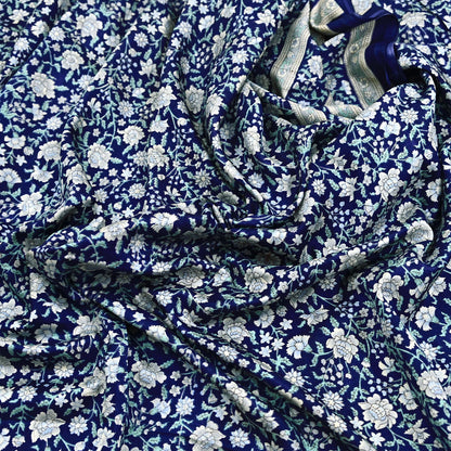 Indian Vintage Sari Blue 100% Pure Silk Printed Saree Craft Fabric 6yd Sewing Dress Making Soft Wrap Quilting Crafting Upcycle