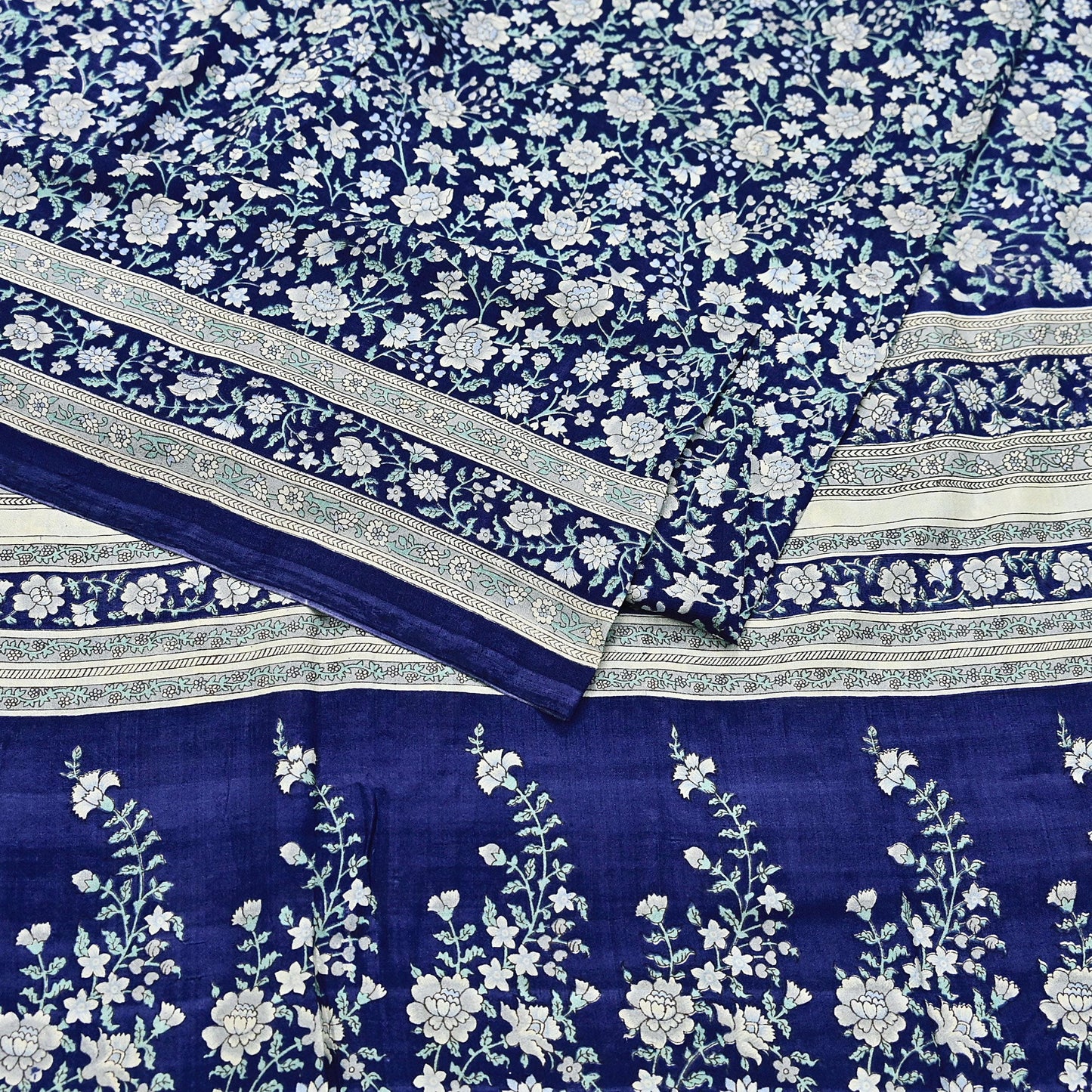 Indian Vintage Sari Blue 100% Pure Silk Printed Saree Craft Fabric 6yd Sewing Dress Making Soft Wrap Quilting Crafting Upcycle