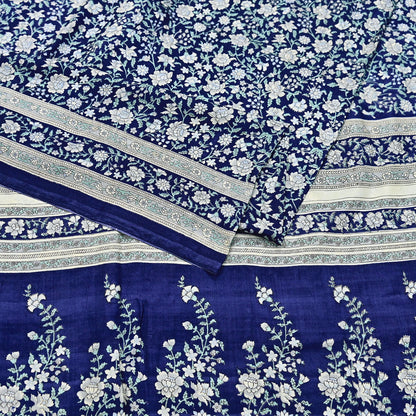 Indian Vintage Sari Blue 100% Pure Silk Printed Saree Craft Fabric 6yd Sewing Dress Making Soft Wrap Quilting Crafting Upcycle