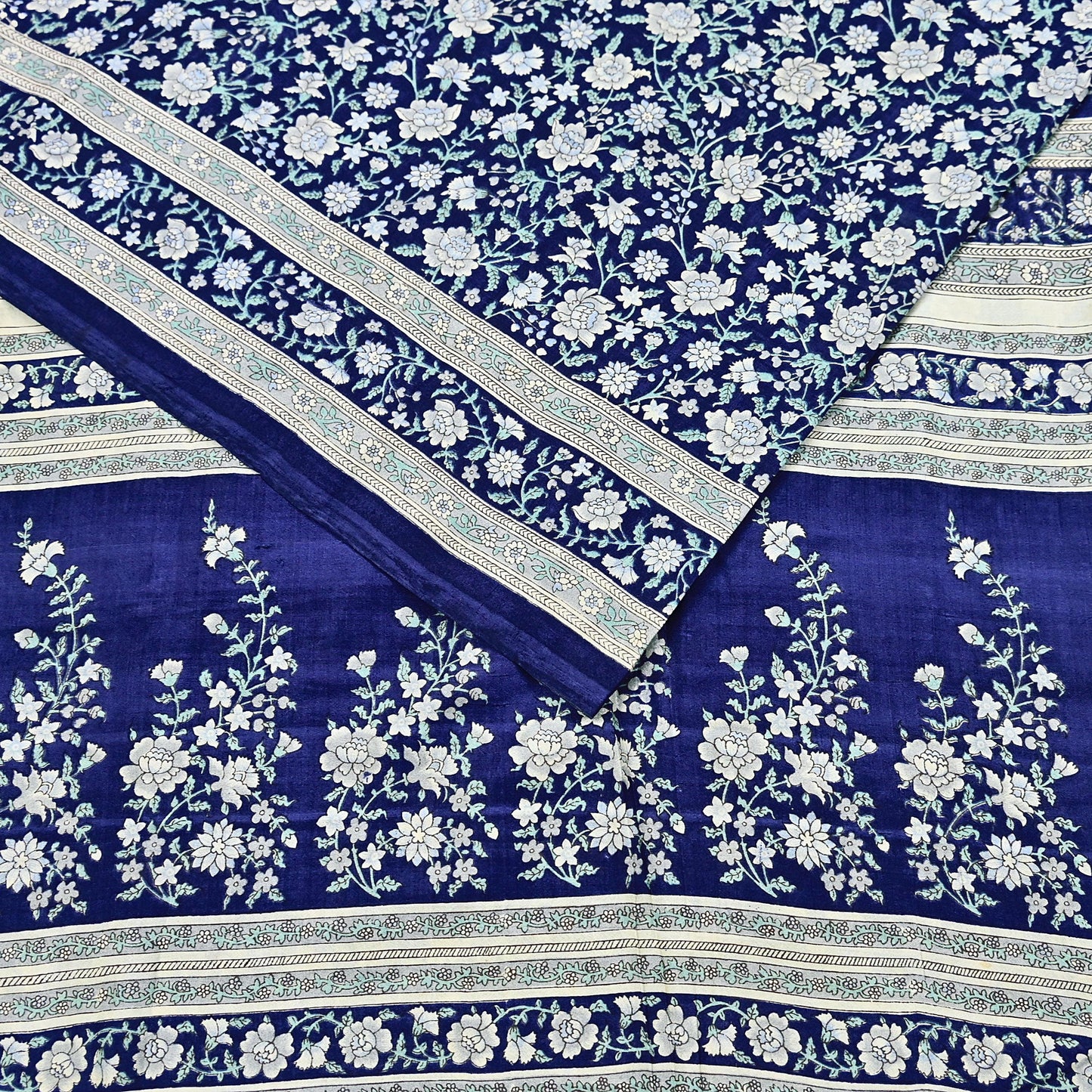 Indian Vintage Sari Blue 100% Pure Silk Printed Saree Craft Fabric 6yd Sewing Dress Making Soft Wrap Quilting Crafting Upcycle
