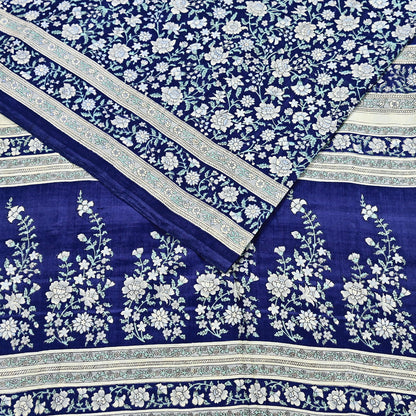 Indian Vintage Sari Blue 100% Pure Silk Printed Saree Craft Fabric 6yd Sewing Dress Making Soft Wrap Quilting Crafting Upcycle