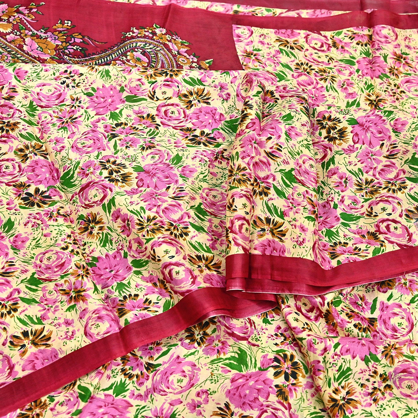 Indian Vintage Sari yellow & red 100% Pure Silk Printed Sarees 6yd Craft Fabric Sewing Soft Dress Making Floral Quilting Crafting Upcycle