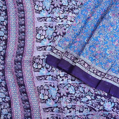 Indian Vintage Sari Blue 100% Pure Silk Printed Saree Craft Fabric 6yd Sewing Dress Making Soft Wrap Quilting Crafting Upcycle