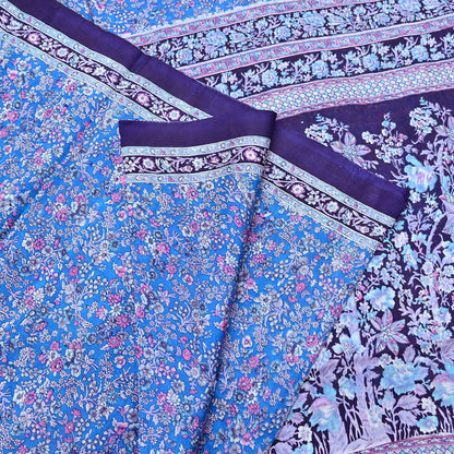 Indian Vintage Sari Blue 100% Pure Silk Printed Saree Craft Fabric 6yd Sewing Dress Making Soft Wrap Quilting Crafting Upcycle