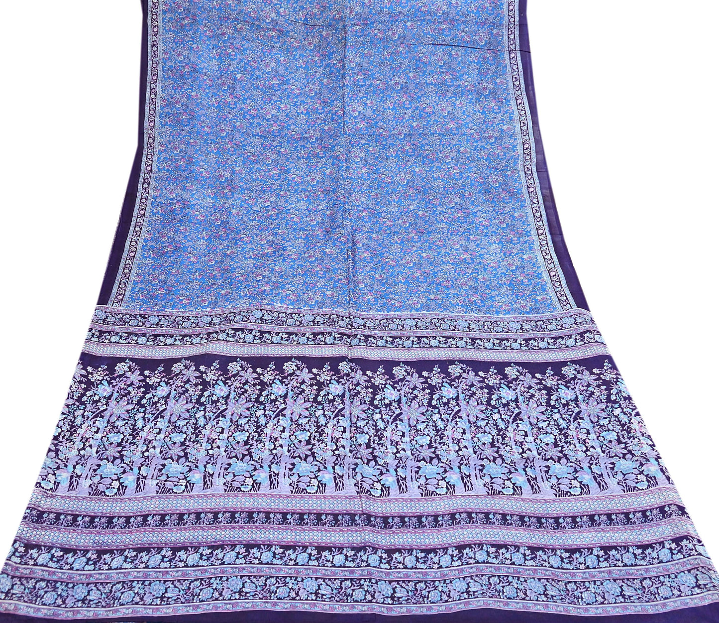 Indian Vintage Sari Blue 100% Pure Silk Printed Saree Craft Fabric 6yd Sewing Dress Making Soft Wrap Quilting Crafting Upcycle