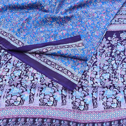 Indian Vintage Sari Blue 100% Pure Silk Printed Saree Craft Fabric 6yd Sewing Dress Making Soft Wrap Quilting Crafting Upcycle