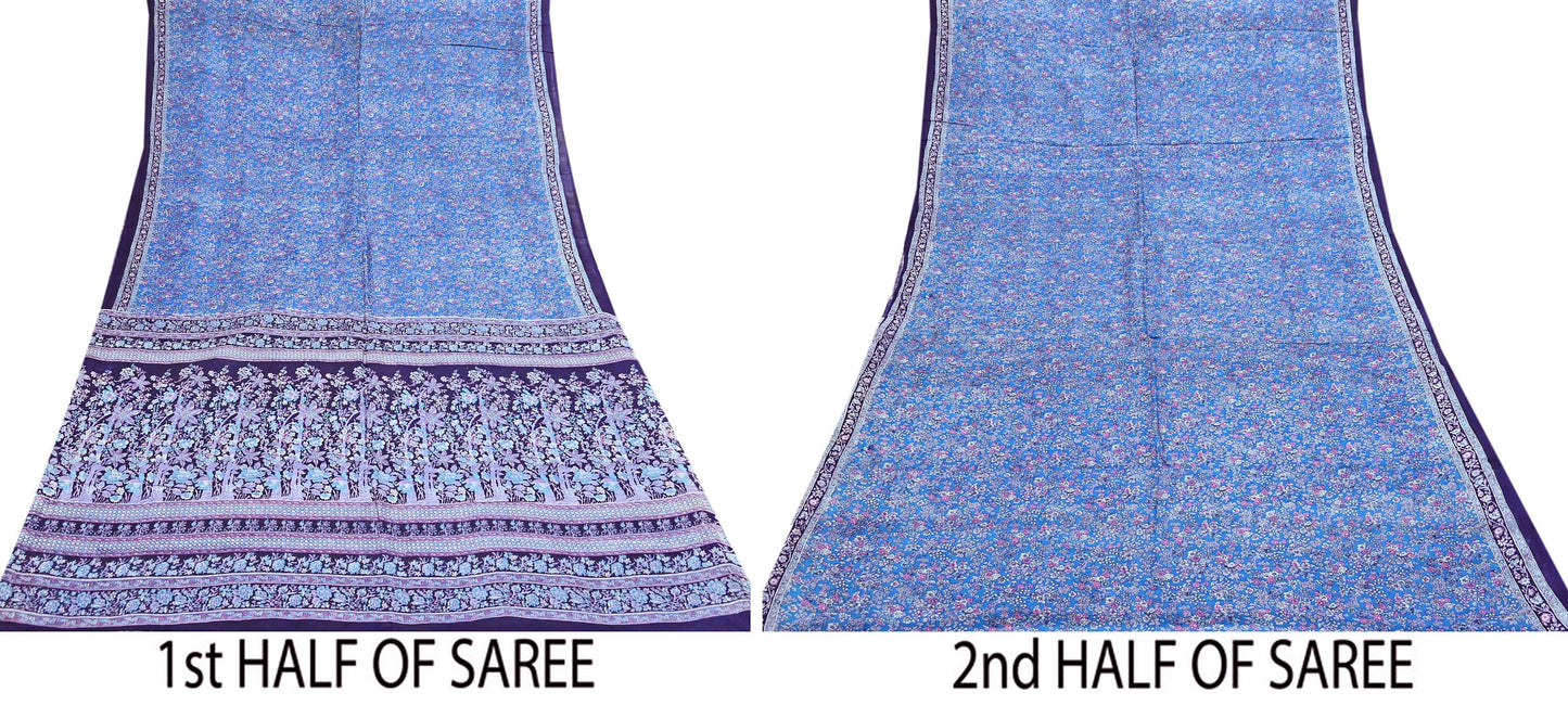 Indian Vintage Sari Blue 100% Pure Silk Printed Saree Craft Fabric 6yd Sewing Dress Making Soft Wrap Quilting Crafting Upcycle