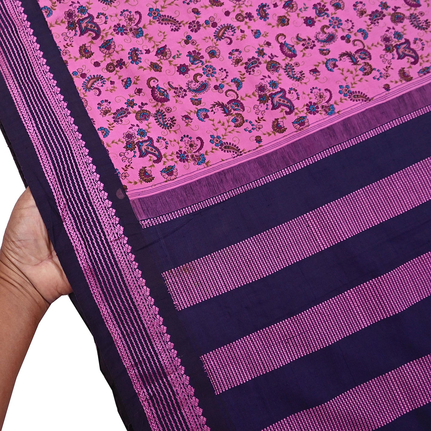 Vintage Sari Pink & blue Pure Silk Hand Woven Printed Saree Fabric 5yard Sewing Dress Designing for Crafting Quilting Upcycle Soft Border