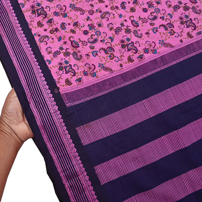 Vintage Sari Pink & blue Pure Silk Hand Woven Printed Saree Fabric 5yard Sewing Dress Designing for Crafting Quilting Upcycle Soft Border