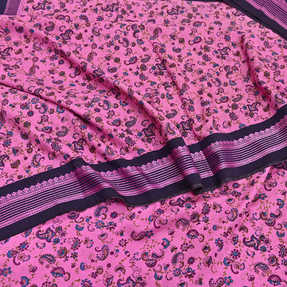 Vintage Sari Pink & blue Pure Silk Hand Woven Printed Saree Fabric 5yard Sewing Dress Designing for Crafting Quilting Upcycle Soft Border