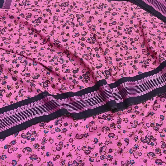 Vintage Sari Pink & blue Pure Silk Hand Woven Printed Saree Fabric 5yard Sewing Dress Designing for Crafting Quilting Upcycle Soft Border