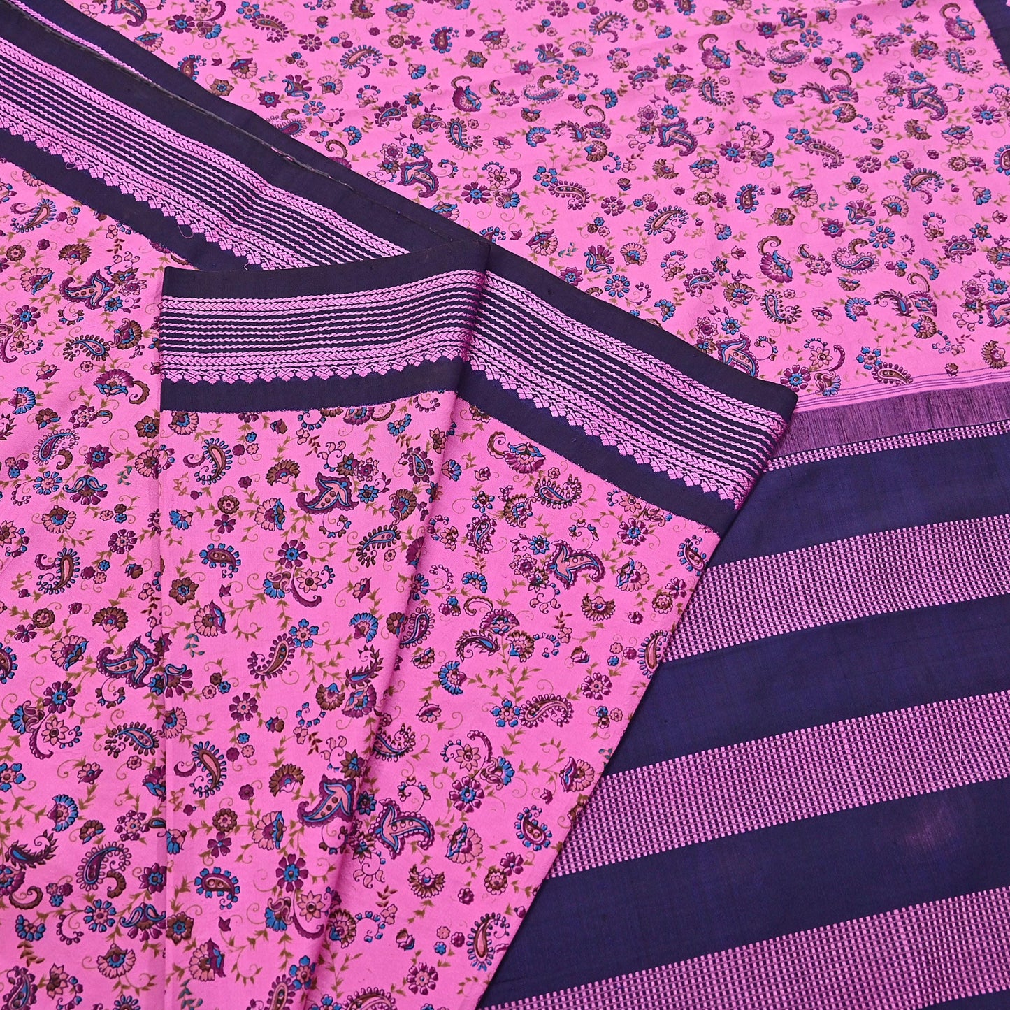 Vintage Sari Pink & blue Pure Silk Hand Woven Printed Saree Fabric 5yard Sewing Dress Designing for Crafting Quilting Upcycle Soft Border