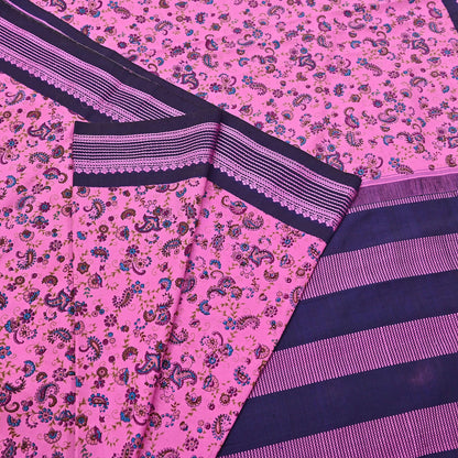 Vintage Sari Pink & blue Pure Silk Hand Woven Printed Saree Fabric 5yard Sewing Dress Designing for Crafting Quilting Upcycle Soft Border