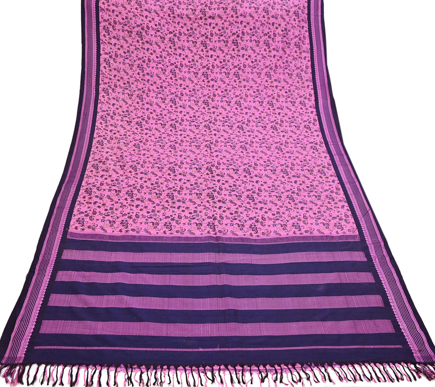 Vintage Sari Pink & blue Pure Silk Hand Woven Printed Saree Fabric 5yard Sewing Dress Designing for Crafting Quilting Upcycle Soft Border