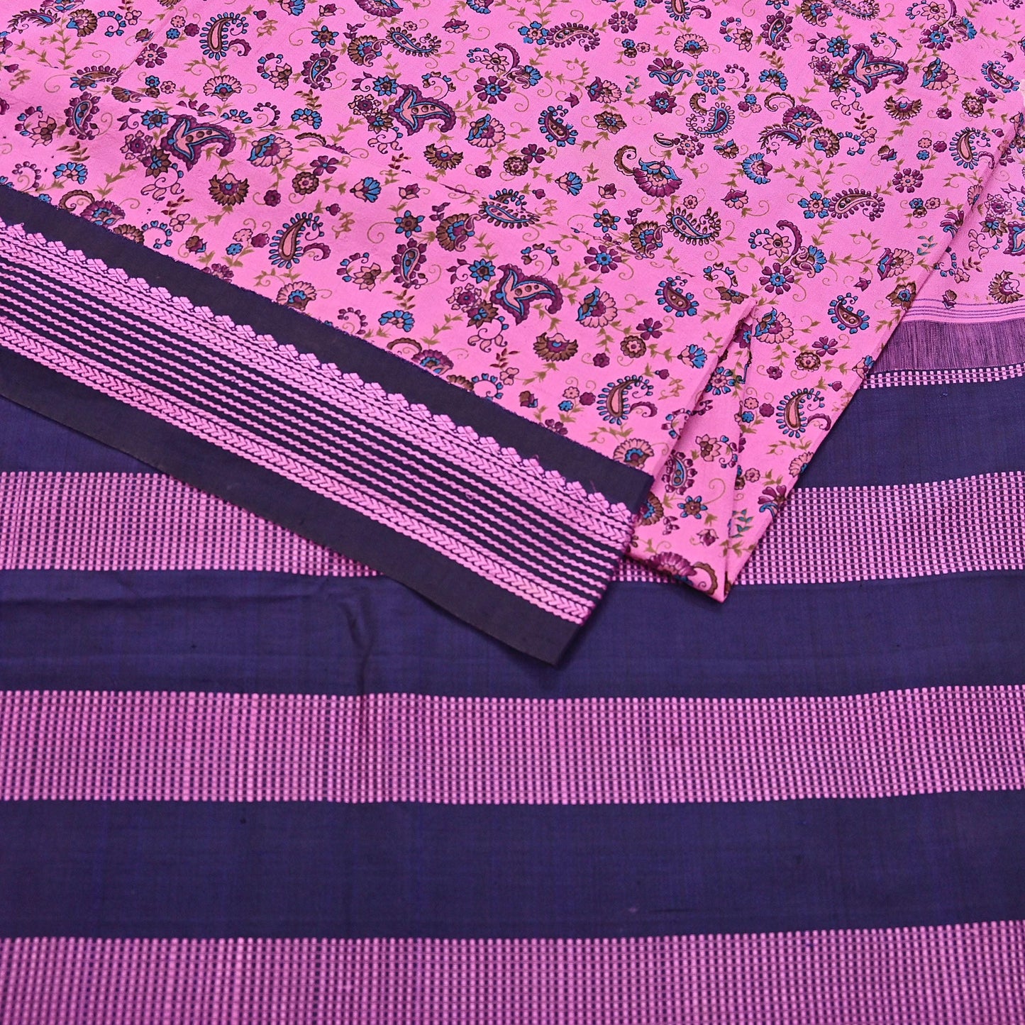 Vintage Sari Pink & blue Pure Silk Hand Woven Printed Saree Fabric 5yard Sewing Dress Designing for Crafting Quilting Upcycle Soft Border