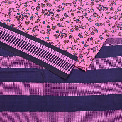 Vintage Sari Pink & blue Pure Silk Hand Woven Printed Saree Fabric 5yard Sewing Dress Designing for Crafting Quilting Upcycle Soft Border