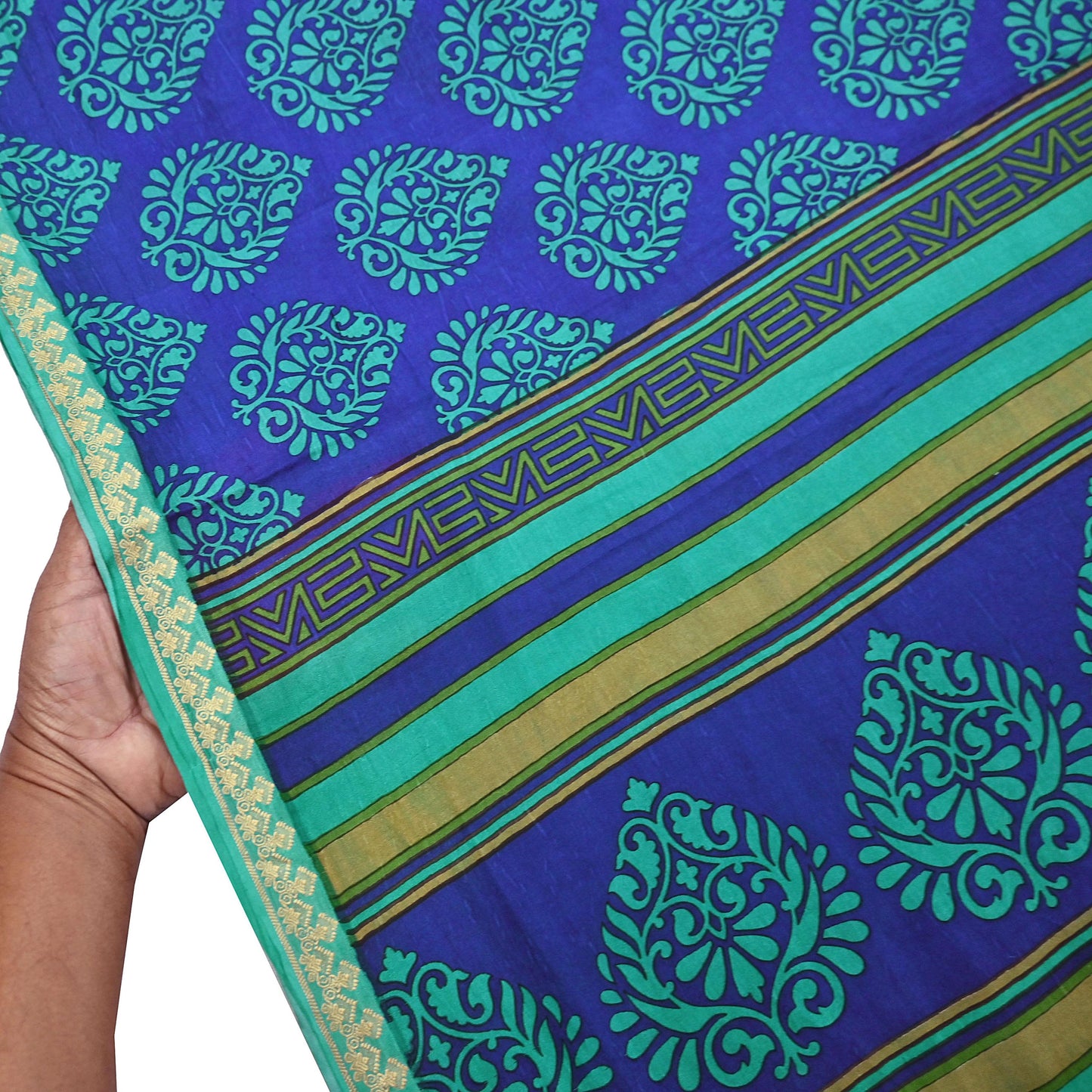 Vintage Blue & green Pure Silk Saree Indian Printed Silk Fabric 6 Yards Boho Craft Material for Sewing, Quilting, Dressmaking, Upcycling