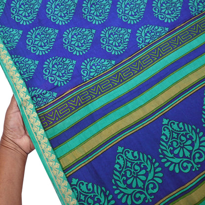 Vintage Blue & green Pure Silk Saree Indian Printed Silk Fabric 6 Yards Boho Craft Material for Sewing, Quilting, Dressmaking, Upcycling