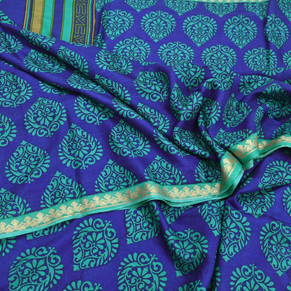 Vintage Blue & green Pure Silk Saree Indian Printed Silk Fabric 6 Yards Boho Craft Material for Sewing, Quilting, Dressmaking, Upcycling