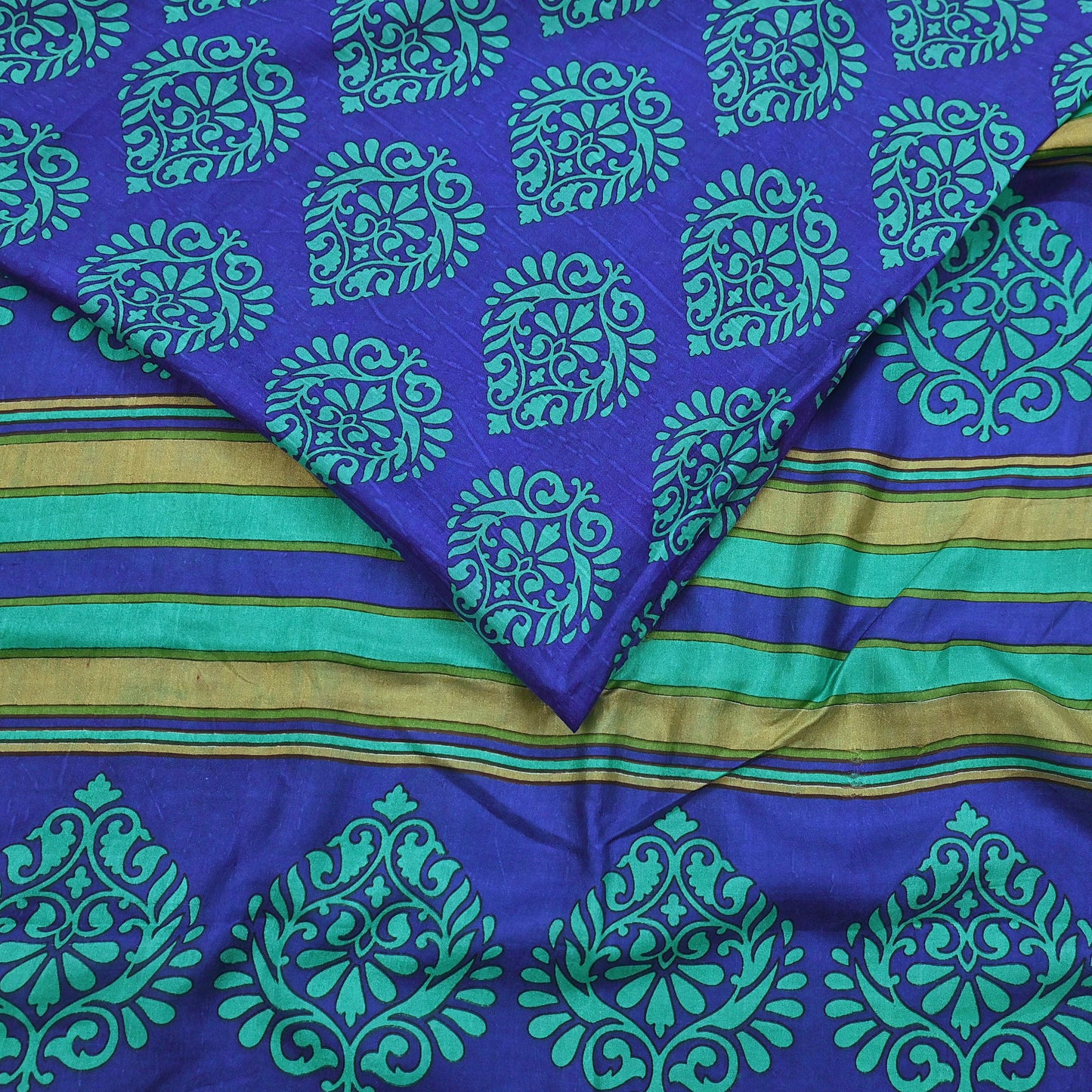 Vintage Blue & green Pure Silk Saree Indian Printed Silk Fabric 6 Yards Boho Craft Material for Sewing, Quilting, Dressmaking, Upcycling