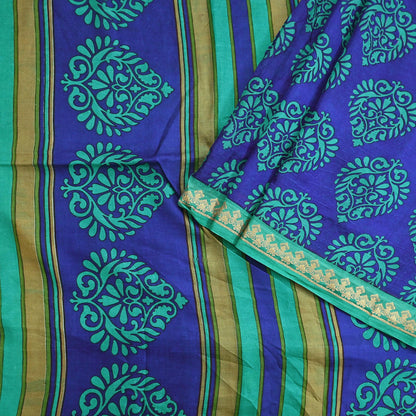 Vintage Blue & green Pure Silk Saree Indian Printed Silk Fabric 6 Yards Boho Craft Material for Sewing, Quilting, Dressmaking, Upcycling
