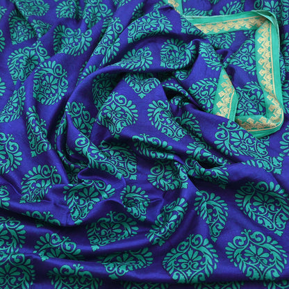 Vintage Blue & green Pure Silk Saree Indian Printed Silk Fabric 6 Yards Boho Craft Material for Sewing, Quilting, Dressmaking, Upcycling