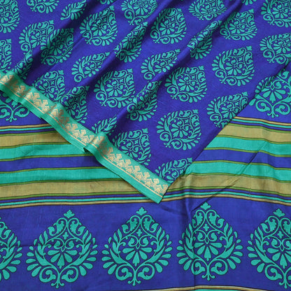 Vintage Blue & green Pure Silk Saree Indian Printed Silk Fabric 6 Yards Boho Craft Material for Sewing, Quilting, Dressmaking, Upcycling