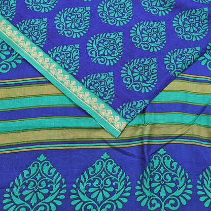 Vintage Blue & green Pure Silk Saree Indian Printed Silk Fabric 6 Yards Boho Craft Material for Sewing, Quilting, Dressmaking, Upcycling
