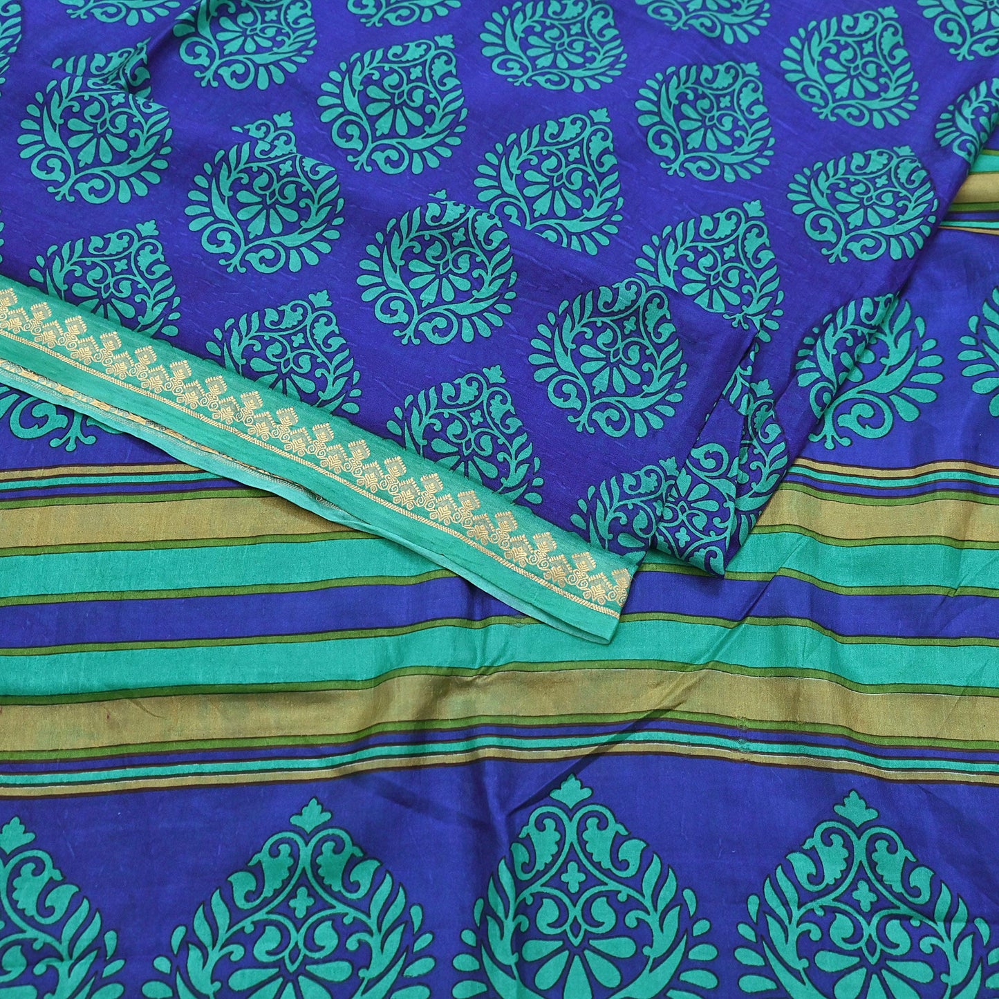 Vintage Blue & green Pure Silk Saree Indian Printed Silk Fabric 6 Yards Boho Craft Material for Sewing, Quilting, Dressmaking, Upcycling