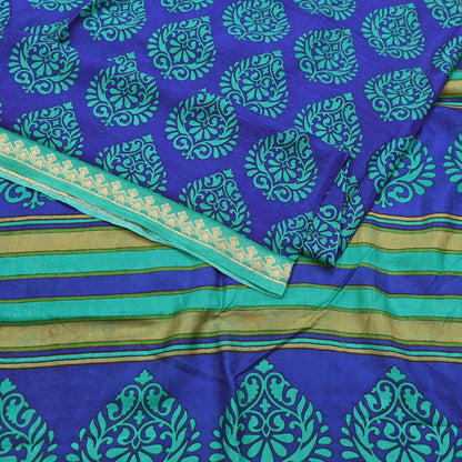 Vintage Blue & green Pure Silk Saree Indian Printed Silk Fabric 6 Yards Boho Craft Material for Sewing, Quilting, Dressmaking, Upcycling
