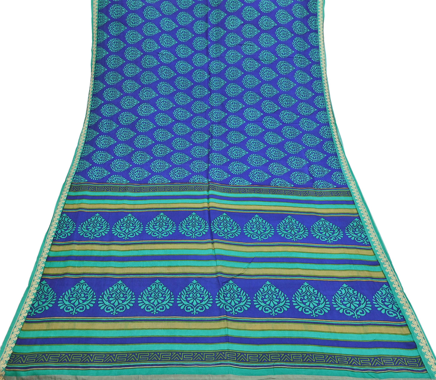 Vintage Blue & green Pure Silk Saree Indian Printed Silk Fabric 6 Yards Boho Craft Material for Sewing, Quilting, Dressmaking, Upcycling