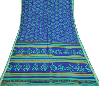 Vintage Blue & green Pure Silk Saree Indian Printed Silk Fabric 6 Yards Boho Craft Material for Sewing, Quilting, Dressmaking, Upcycling