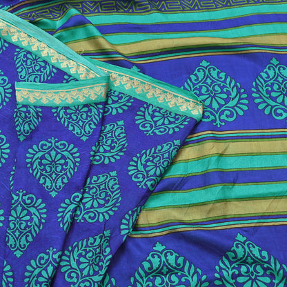 Vintage Blue & green Pure Silk Saree Indian Printed Silk Fabric 6 Yards Boho Craft Material for Sewing, Quilting, Dressmaking, Upcycling