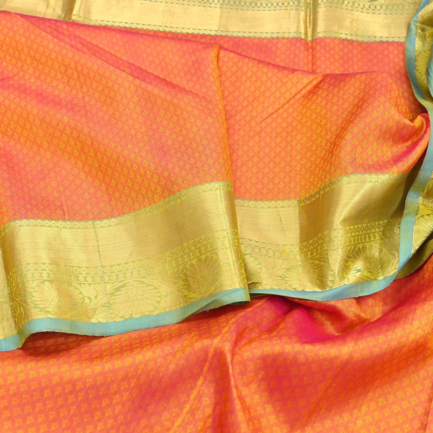 Indian Vintage Heavy Sari Green & Orange Kanjivaram Saree 100% Pure Silk Zari 5Yd Crafting Dress making For Crafting Quilting Upcycle